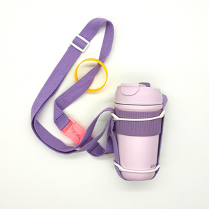 Bottle Strap (Purple) with tumbler - overhead shot with free silicone band