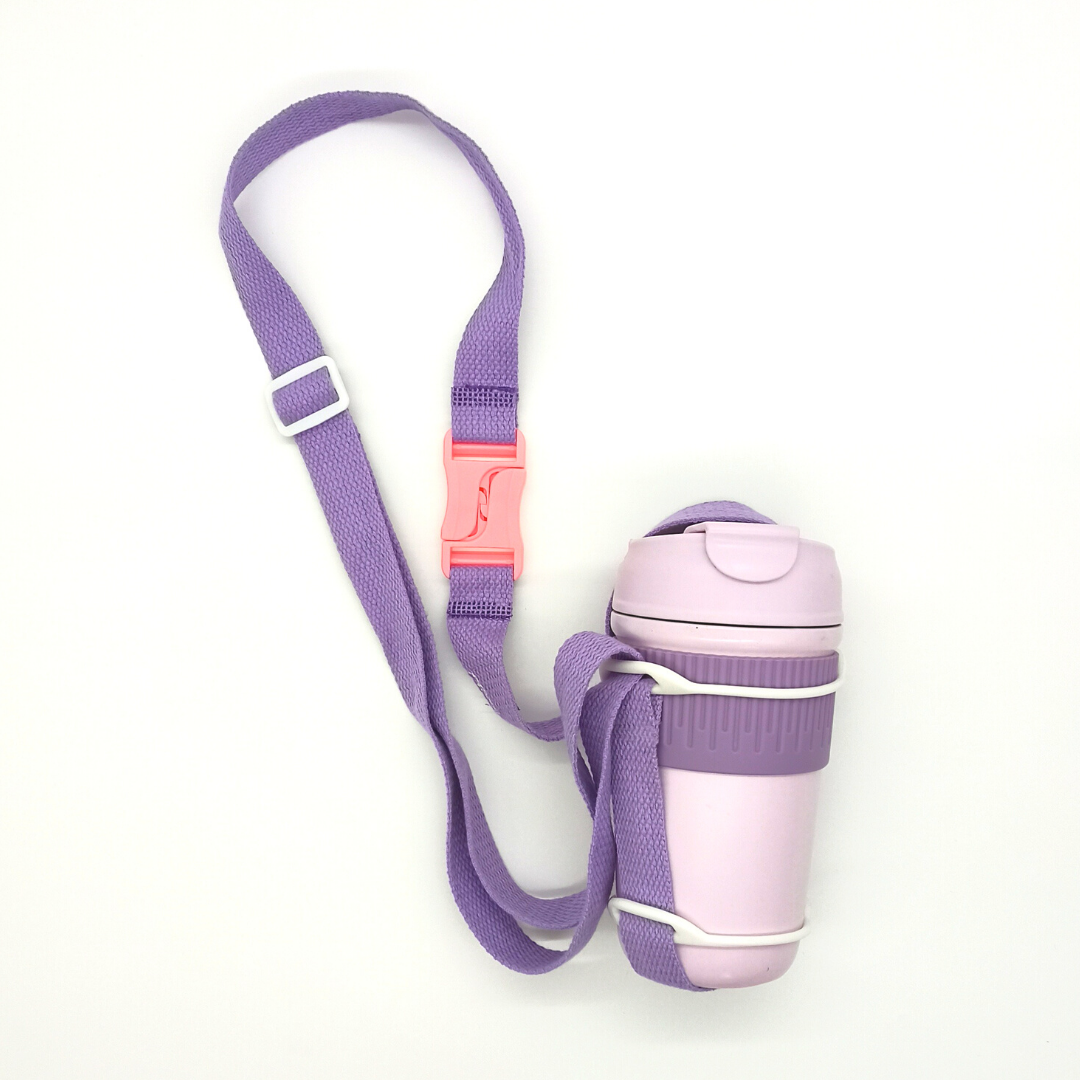 Bottle Strap (Purple) with tumbler - overhead shot